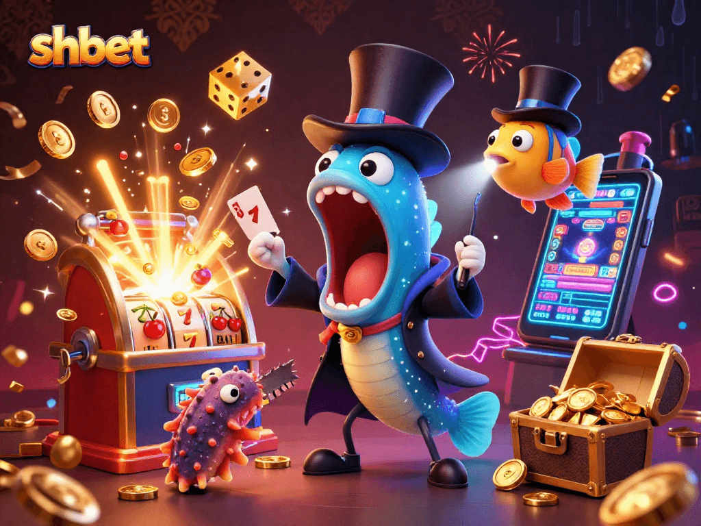 Engage with SHBET's thrilling world of online gambling, featuring exciting characters and vibrant casino elements.