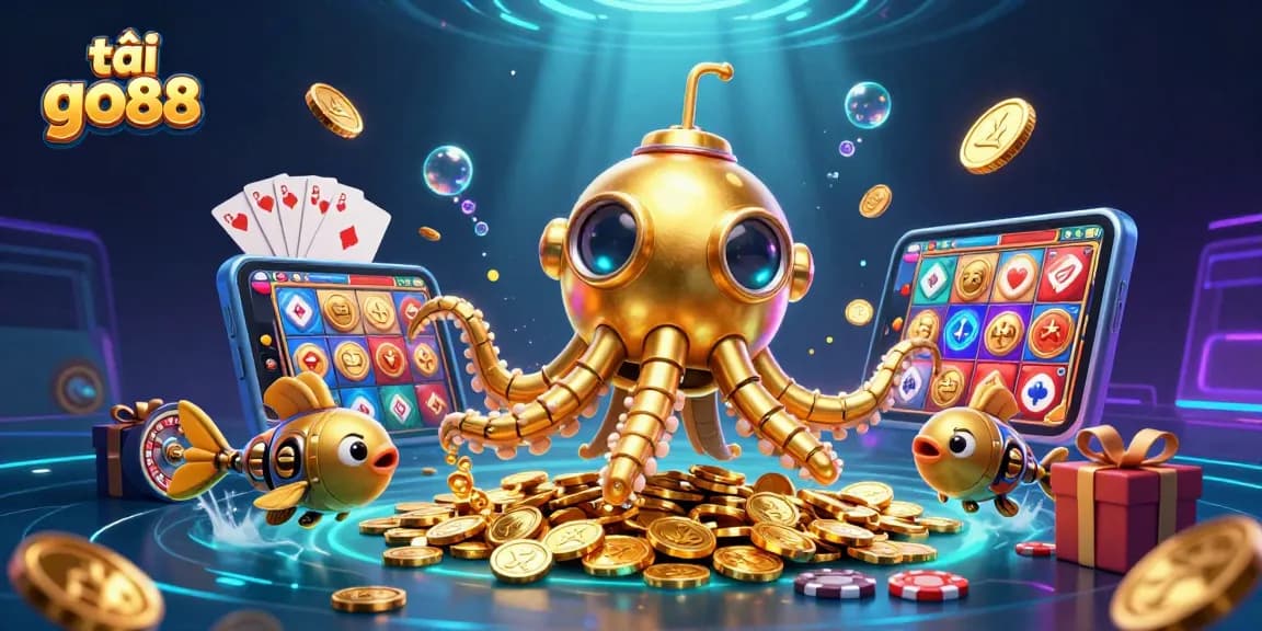 Engage with tải go88 featuring vibrant golden kraken submarine and colorful slot games amidst gold coins.