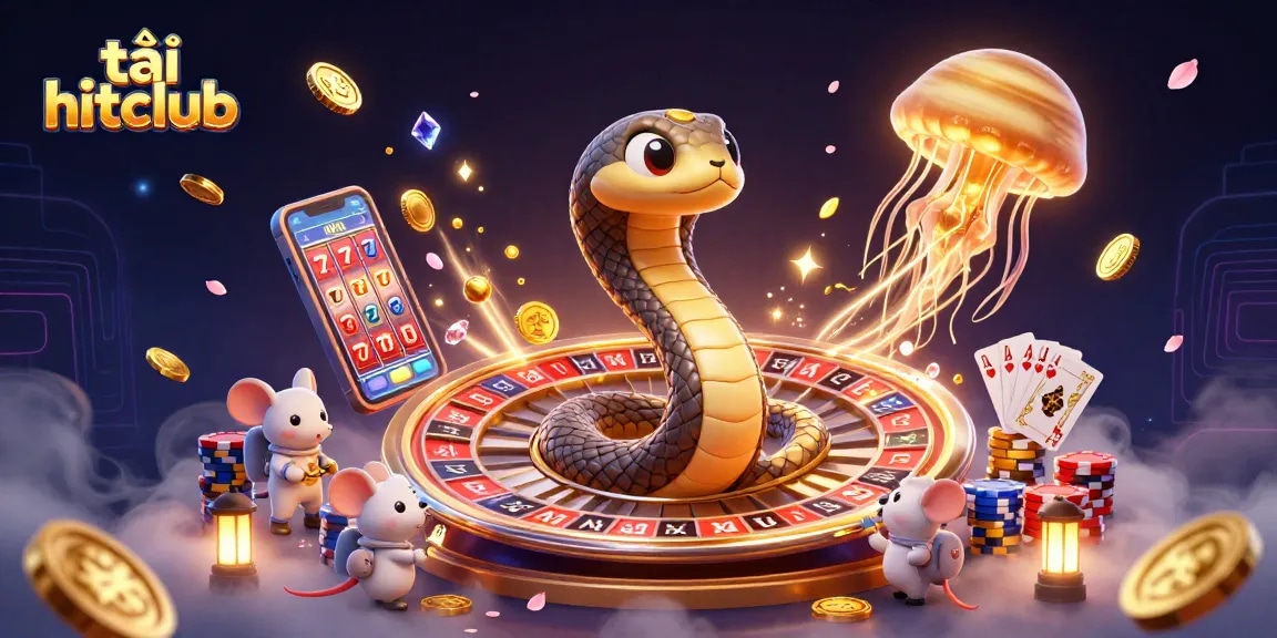 Bet on cosmic fun with tải hitclub in this vibrant 3D casino scene featuring roulette, chips, and lucky symbols.