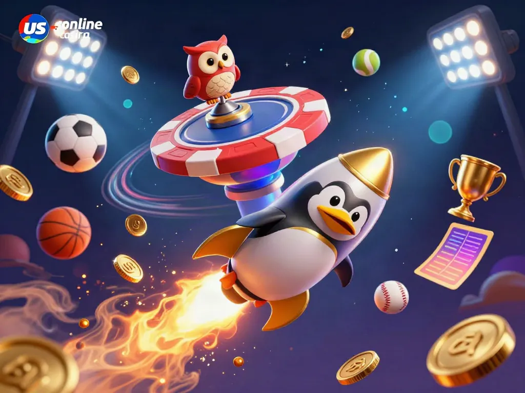 A vibrant illustration of a golden penguin at a us online casino, soaring toward a massive poker chip space station.