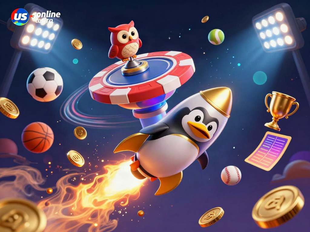 A vibrant illustration of a golden penguin at a us online casino, soaring toward a massive poker chip space station.