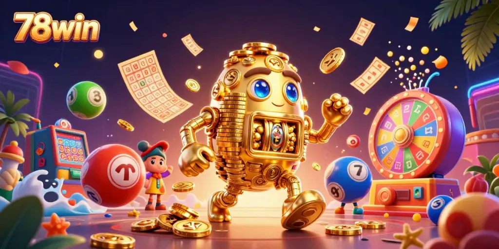 Create winning moments at 78win with vibrant lottery balls and a golden golem.