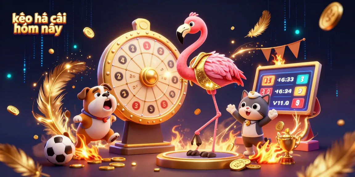 Bet on the excitement of kèo nhà cái hôm nay with a dynamic game show scene featuring a flamingo host.