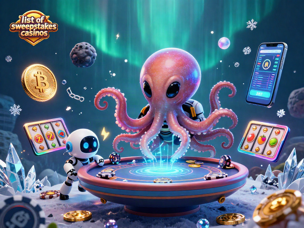 Play exciting games at the list of sweepstakes casinos with an alien octopus navigating a poker table.