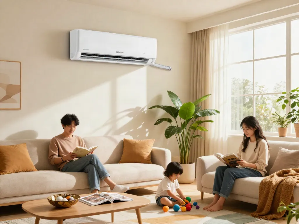 Cozy family living room featuring an 18000 BTU mini split air conditioner providing efficient climate control in a stylish home setting.