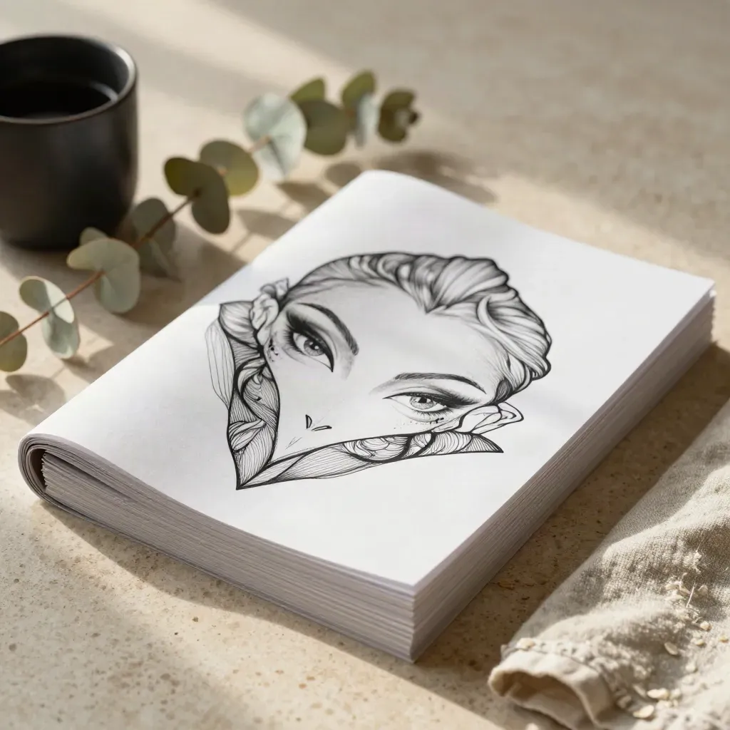 Overhead flat lay of tattoo outline pages, eucalyptus, black cup and linen on warm travertine.