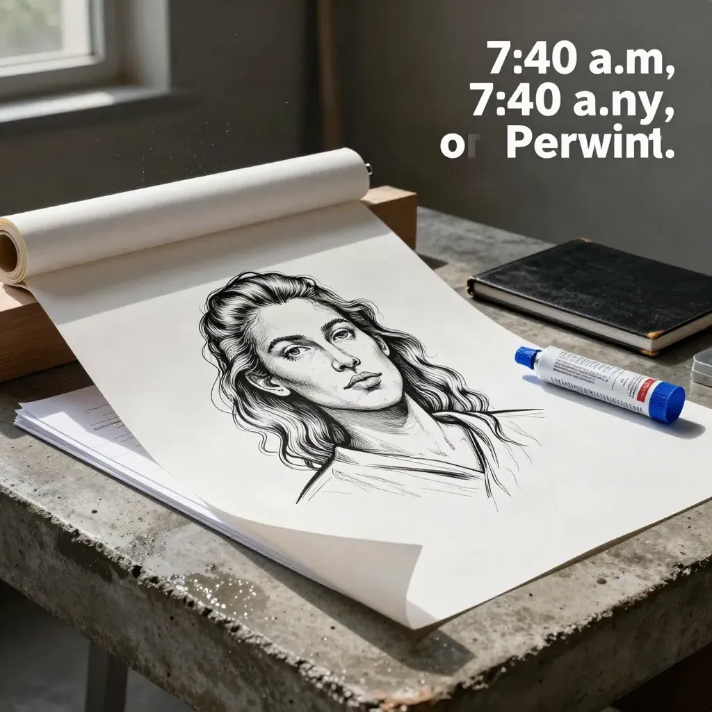 White art board with line portrait print, vellum, proof sheets, portfolio book, and print tube in moody light.
