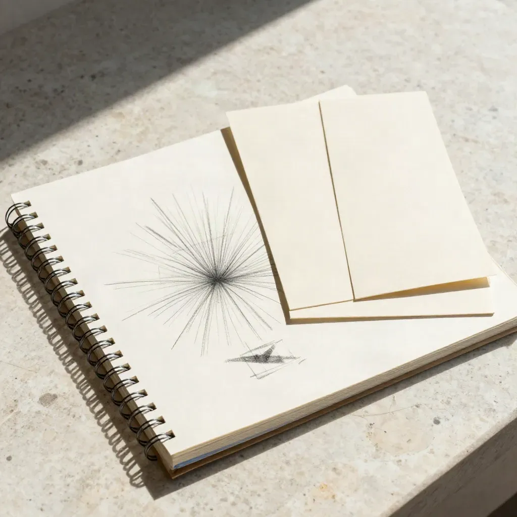 Overhead logo sketch folio, eraser, and two blank cards on travertine with pages mid-sweep.