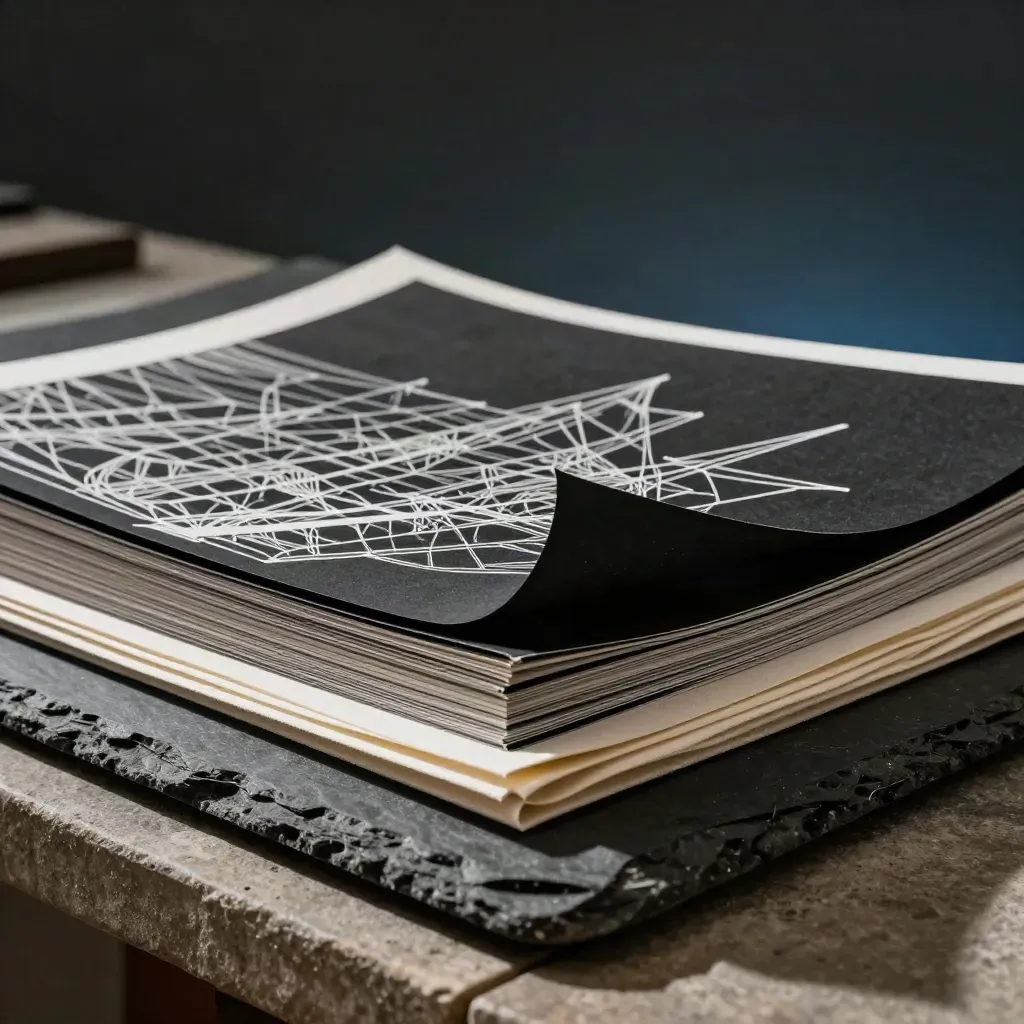 Low close-up of stacked black line-art study sheets lifting on a charcoal stone slab beside folded cloth.