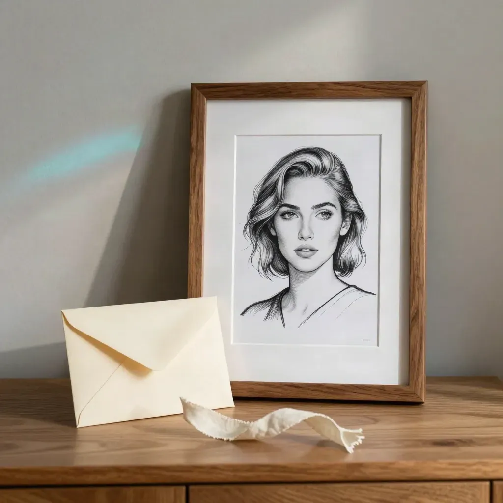 Framed line portrait beside a cream envelope and linen ribbon on a walnut sideboard