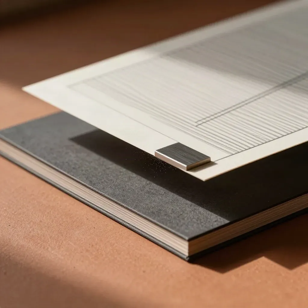 Macro of line sheets lifting above a matte folder with a small sample block on terracotta clay.