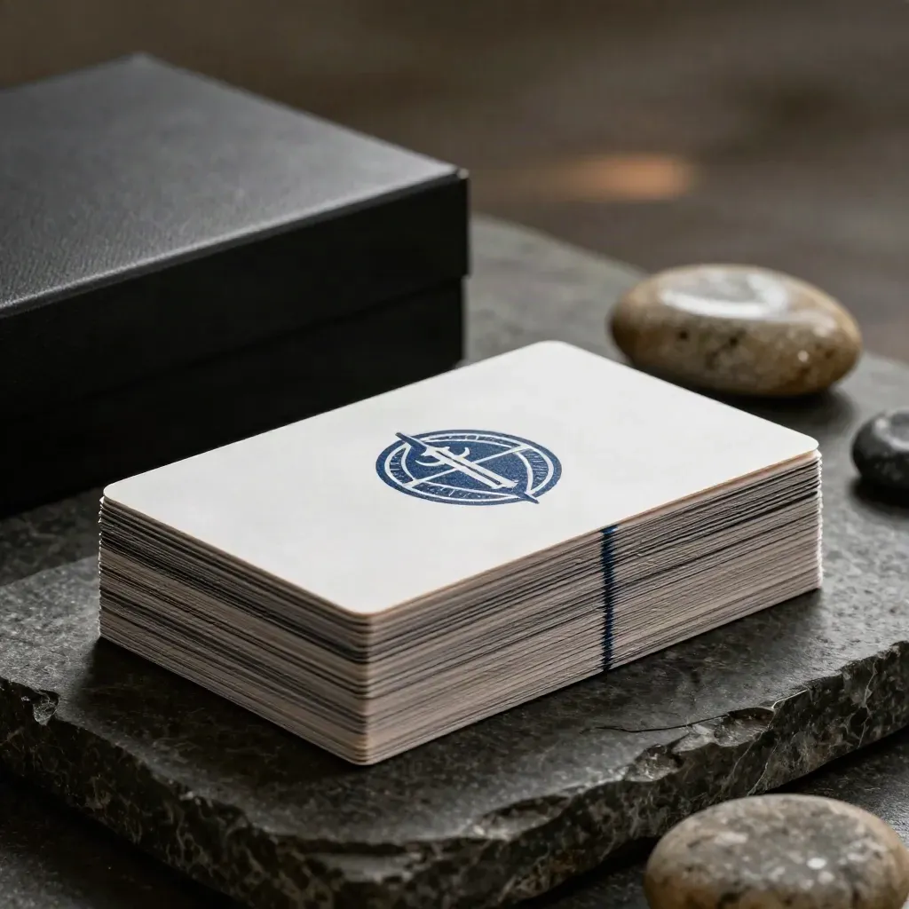 Half-stacked logo proof cards, black box, and polished stone in dramatic side light