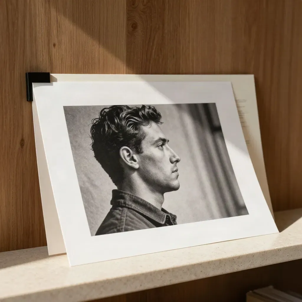 Profile portrait print sliding from tissue sleeve beside a black frame corner