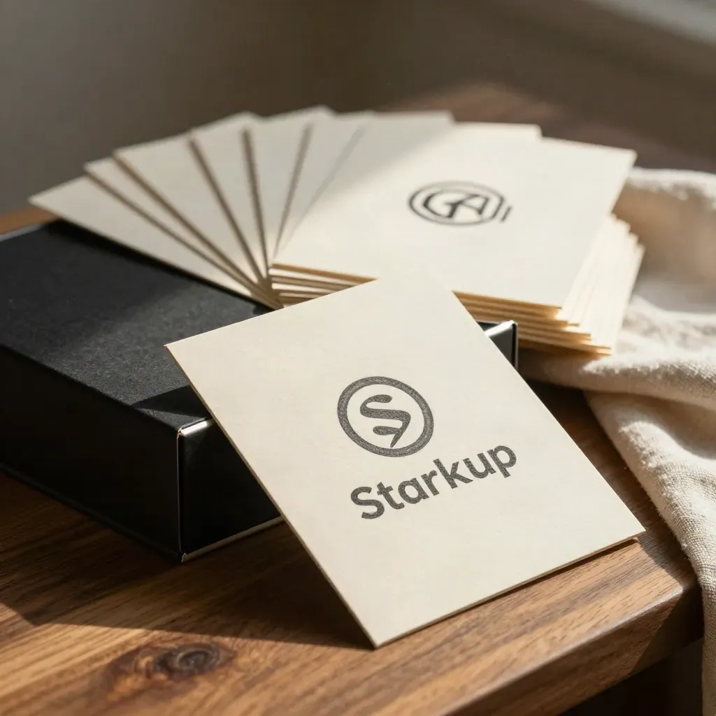 Oblique fan of logo sketch cards, black box, and folded linen on walnut with dramatic graphite shadows.