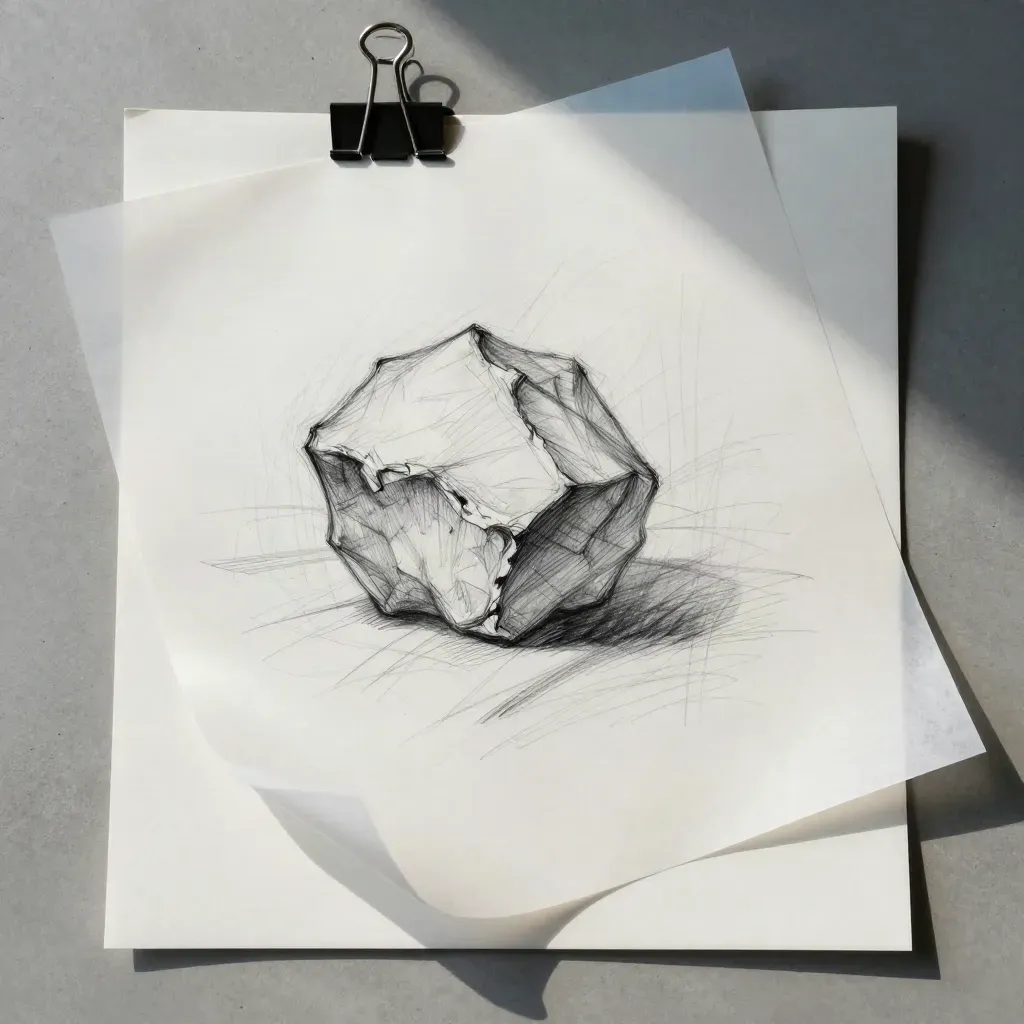 Top-down sketch sheet and traced vellum proof clipped on concrete