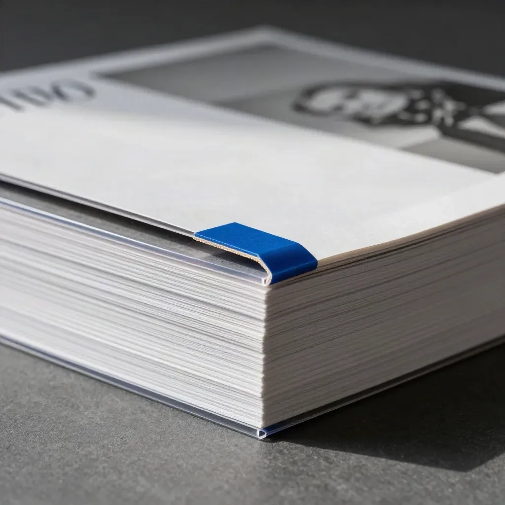 Trimmed art sheets sliding into a rigid box, one corner exposed, with blue accent and soft shadow.