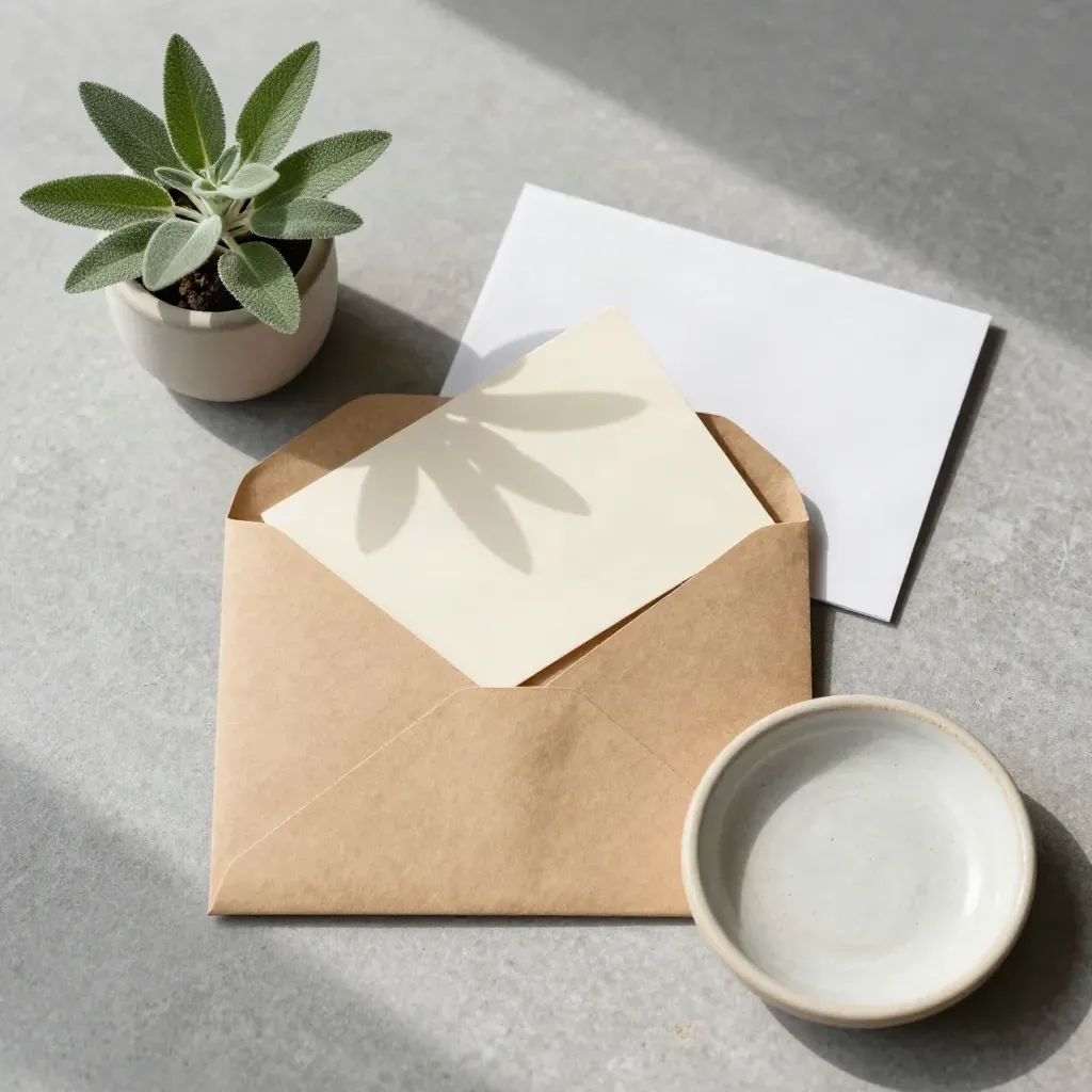 Overhead flatlay of an open kraft order envelope, blank cards, a tiny sprig, and a ceramic dish.