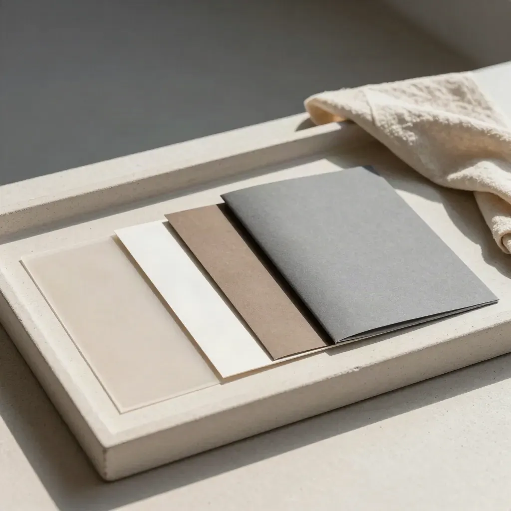 Three line-art deliverables stacked on a stone tray with a folded cloth
