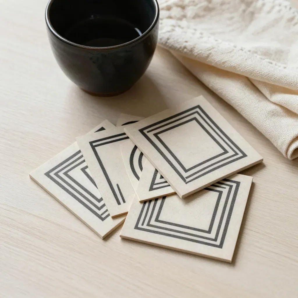 Overhead still-life of logo mark tiles, a black cup, and folded cream cloth on pale wood.