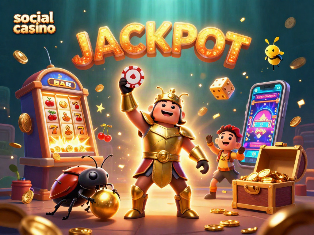 Engage in the social casino experience with a triumphant beetle symbolizing luck and victory, amid vibrant gaming elements.
