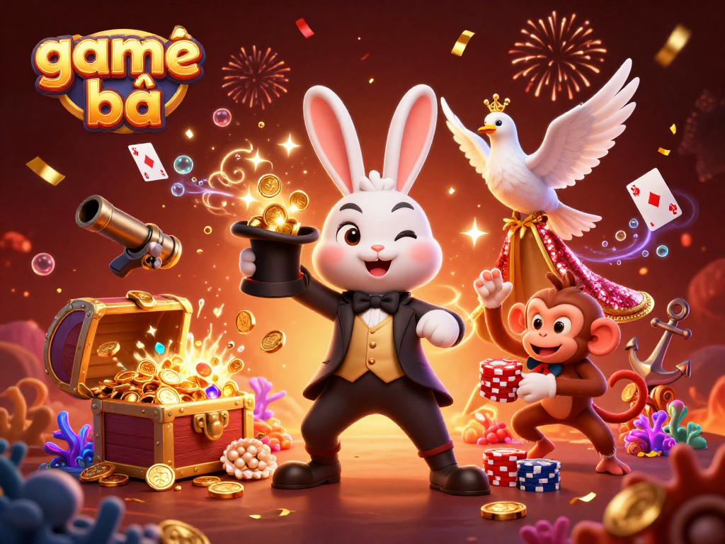Engage in game bài with a whimsical casino scene, featuring a magician rabbit and playful characters.