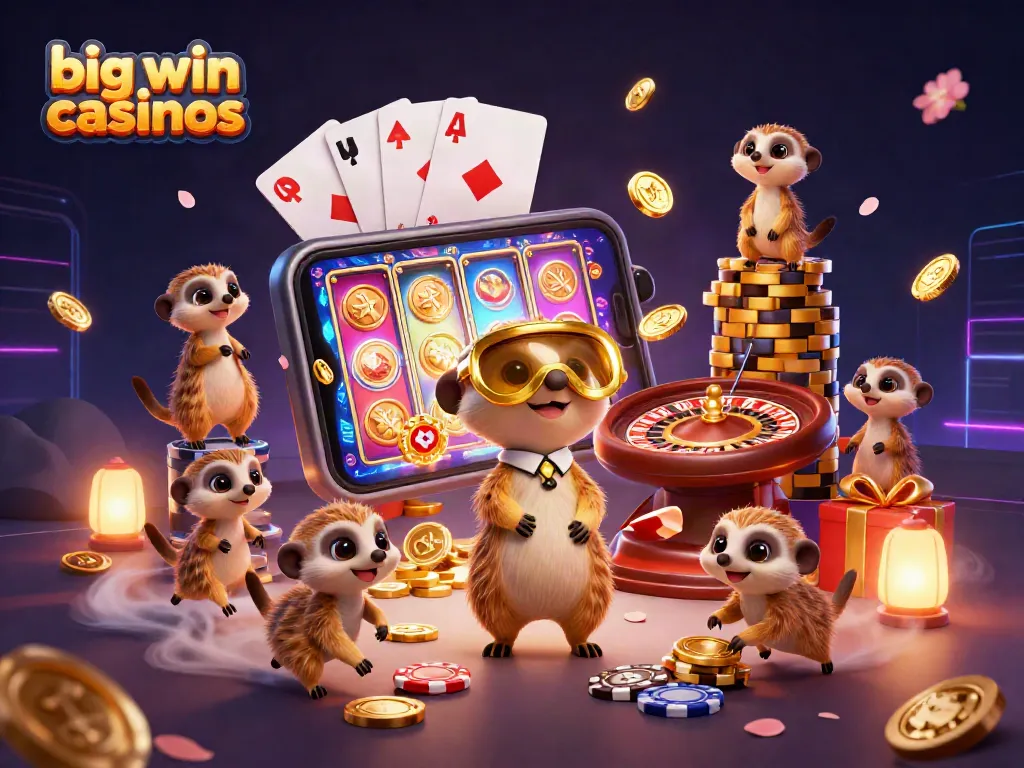 Experience big win casinos with meerkats operating a lively casino scene amid spinning slots and sparkling coins.