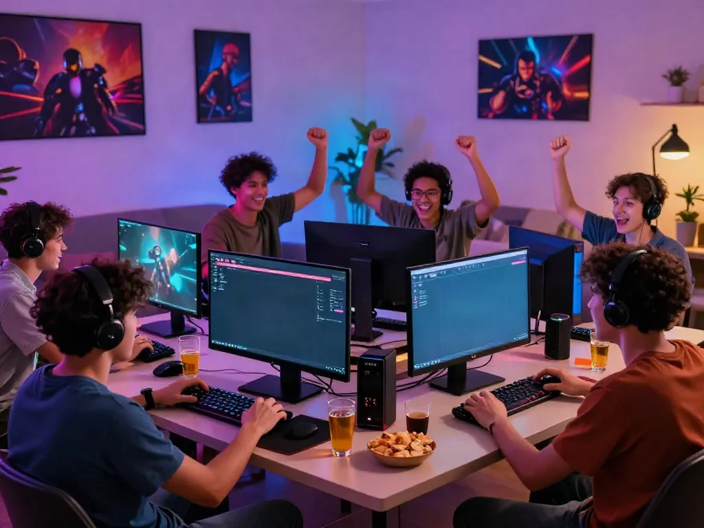 Friends enjoying da88 online gaming together in a colorful living room.