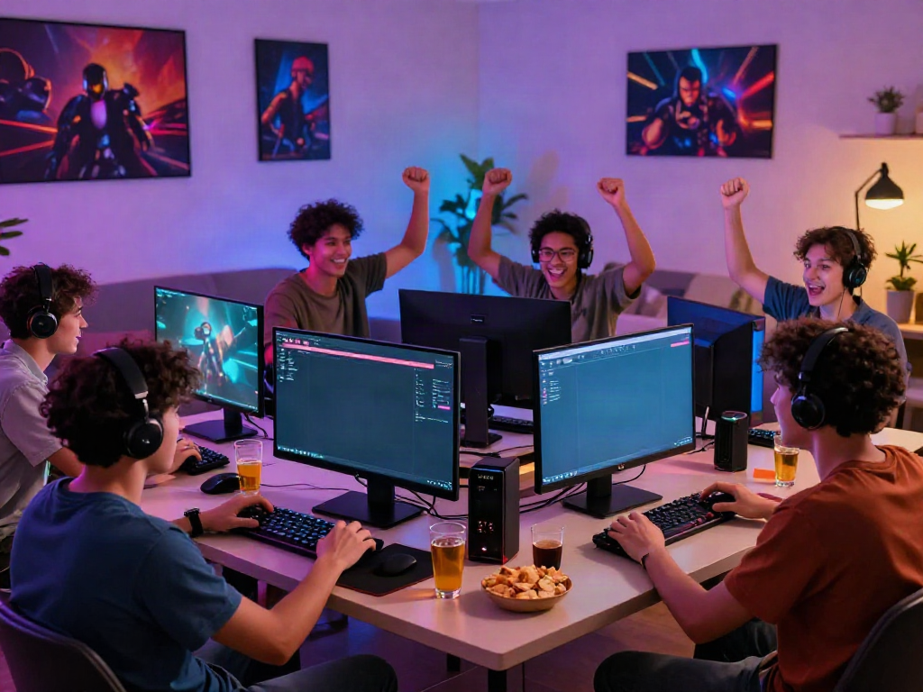 Friends enjoying da88 online gaming together in a colorful living room.