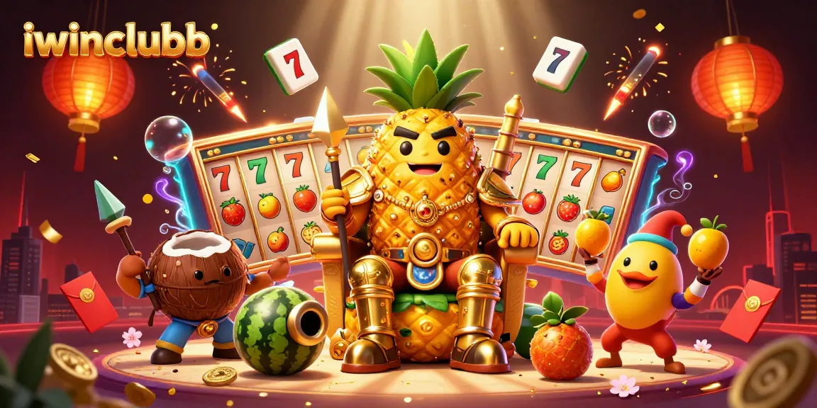 Engage with iwinclubb’s vibrant beach casino scene featuring a golden pineapple king and dynamic 3D elements.