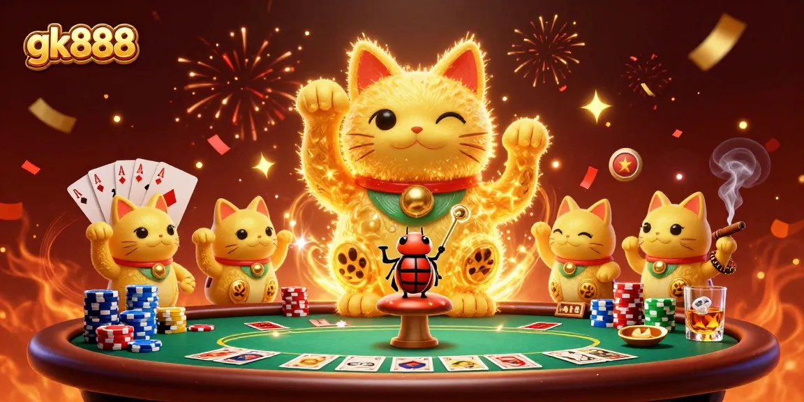 Engage with the dynamic gk888 casino experience featuring a lucky cat and poker elements.