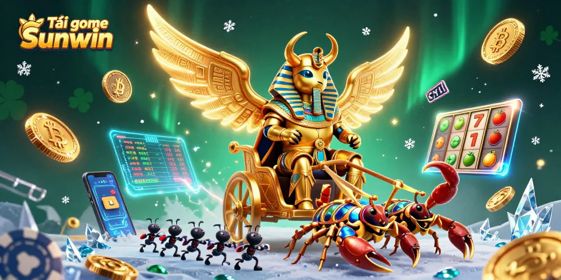 Tải game Sunwin with epic golden beetle, scorpions, and poker chips amidst dazzling casino visuals