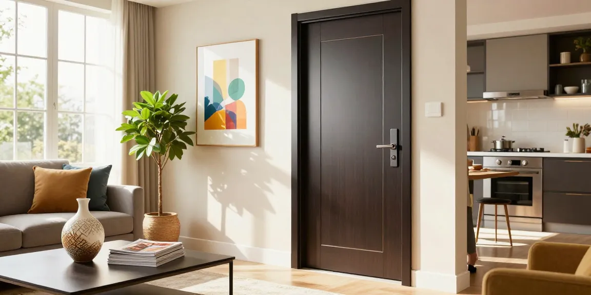 Single leaf swing door being opened in a modern living room, showcasing stylish interior design elements.